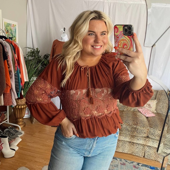 Free People Tops - Free People Lace Panel Peasant Blouse Brown XS